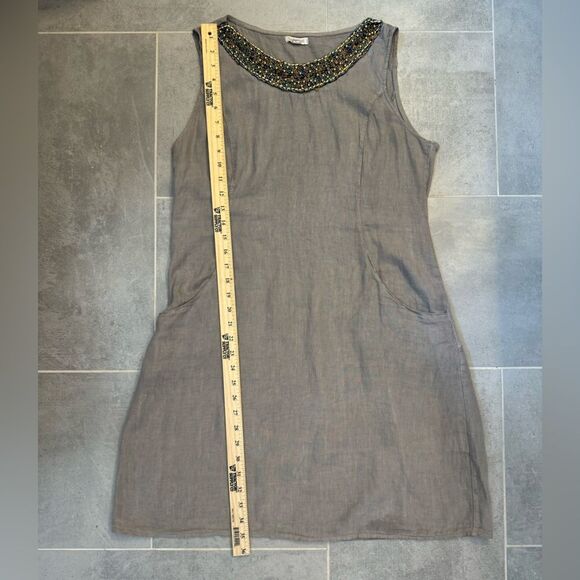 Lina Tomei 100% Linen Beaded Round Neck Sheath Dress Pockets Size Large Taupe - Picture 7 of 11